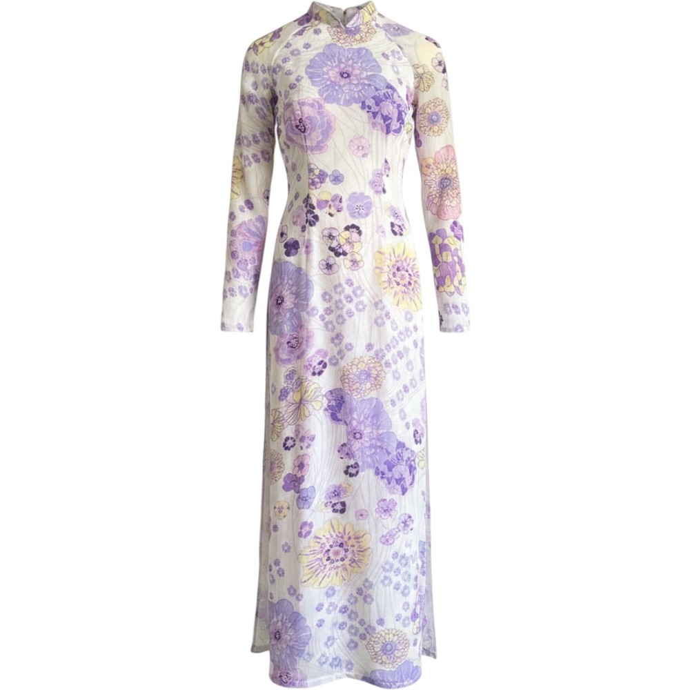 VTG Chi Fashion Ao Dai Tunic Dress Womens Small Purple Floral Sheer Fairycore